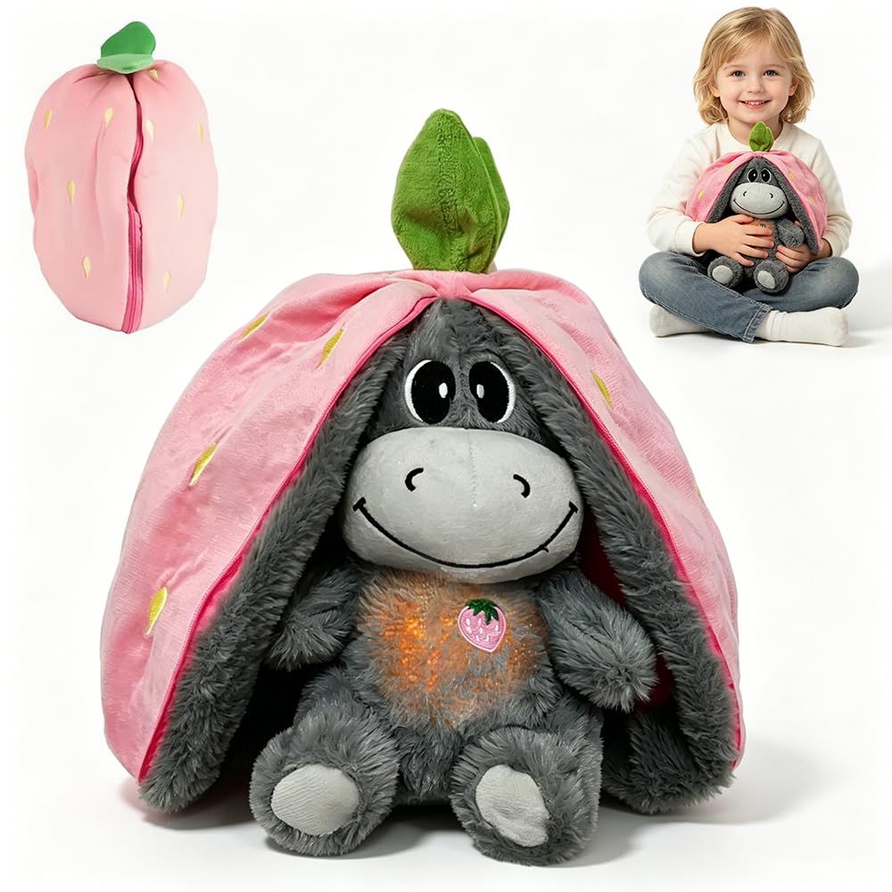 Atmendes Kuscheltier Esel, Schlummer Kuscheltier Erdbeeresel, Atmender Esel mit Musik und Atembewegu