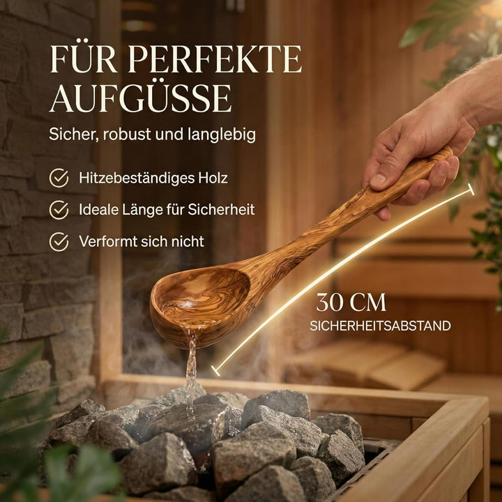 Saunakelle aus Olivenholz mit Gravur - Personalisierbare Aufgusskelle langlebig & hitzebeständig - S