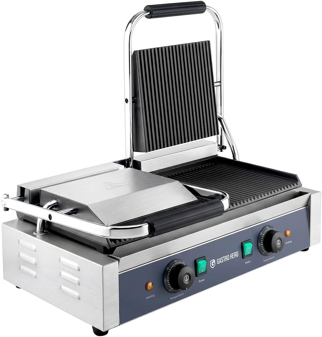 GastroHero Kontaktgrill ECO Doppel Kontaktgrill gerillt 3,6 kW Panini Grill Gastro Grill Sandwichgri