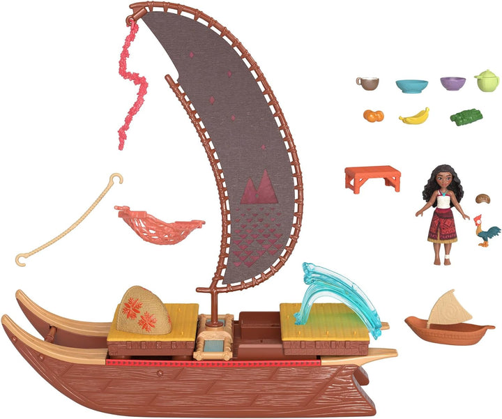 Mattel Disney Vaiana 2 Spielzeuge, Vaianas Abenteuerkanu-Spielset mit schwimmendem Kanu, kleiner Vai