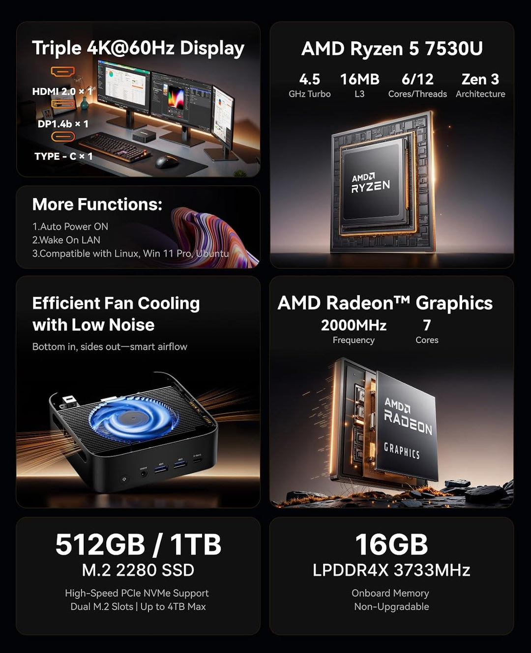 ACEMAGICIAN AM06 Pro Mini PC, AMD Ryzen 7 5800U (8C/16T, bis zu 4.4Ghz),32GB DDR4 512GB M.2 SSD Mini