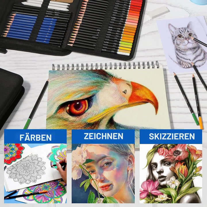 Cozii 146-tlg. Profi-Zeichenset für Erwachsene &amp; Künstler mit Holzkohle, Aquarell, Graphit &amp; Metalli