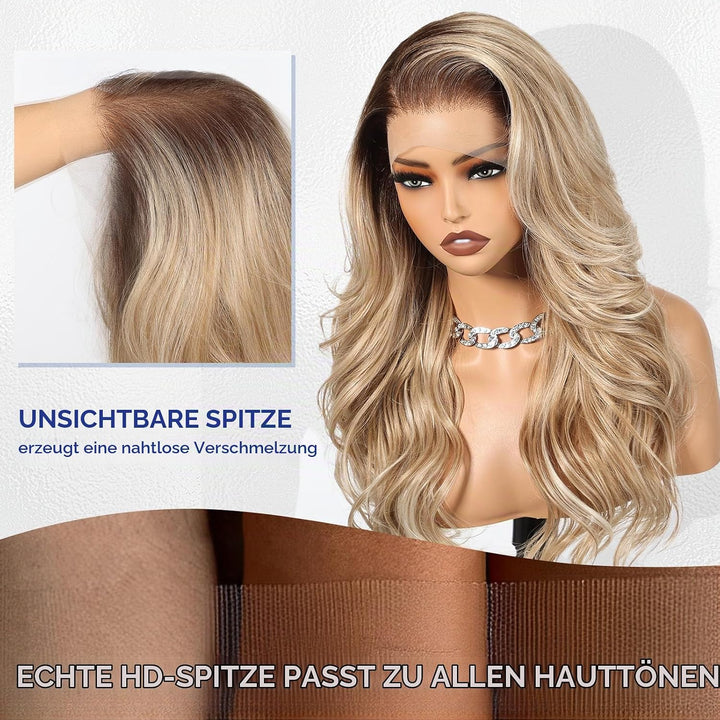 HAIRCUBE 13x6 HD Synthetische Lace-Front-Perücke, 24 Zoll Ombre Gritty Blonde Lange Lockige Stufenpe