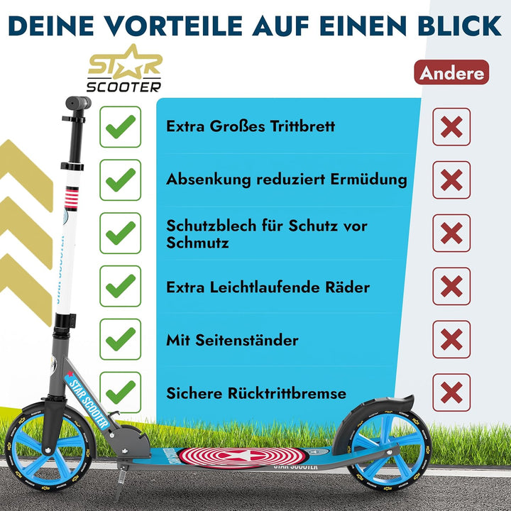 STAR SCOOTER Aluminium Kickscooter Tret City Roller für Jungen, Mädchen ab 6-7 Jahre | Big 205mm Whe