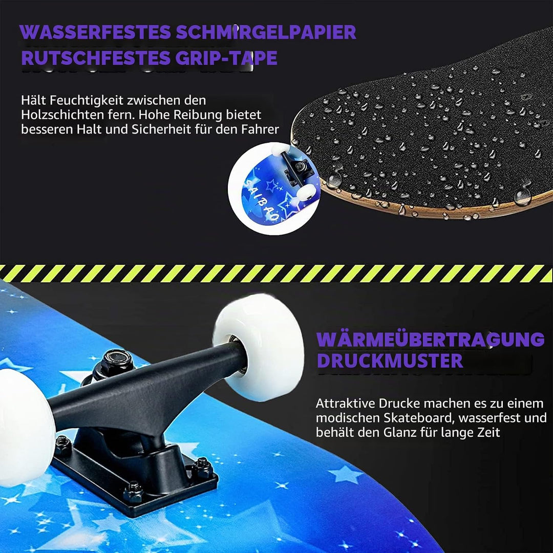 Skateboard, 31 x 8 Zoll komplettes Skateboard,8-lagiges Ahornholz, ABEC-11 Kugellager und 95A Rollen