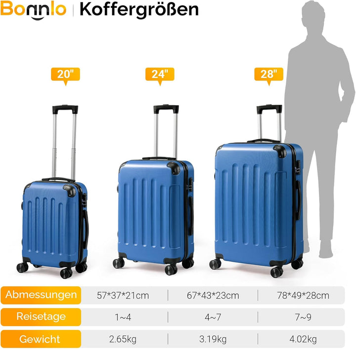 Bonnlo Kofferset 3 Teilig, Hartschale Koffer Set, Reisekoffer mit 4 Rollen, ABS-Trolley M-L-XL, mit