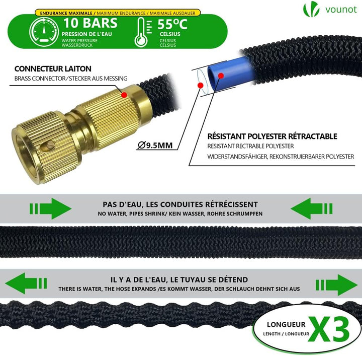 VOUNOT Flexibler Gartenschlauch 15 m, Flexibel Wasserschlauch Dehnbarer mit 8 Sprühfunktionen, Spülm
