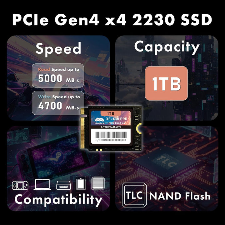 LinkMore XE-430 PRO 1TB M.2 2230 NVMe SSD, PCIe Gen4 x4 / PCIe 4.0 internes Solid State Drive, Speic