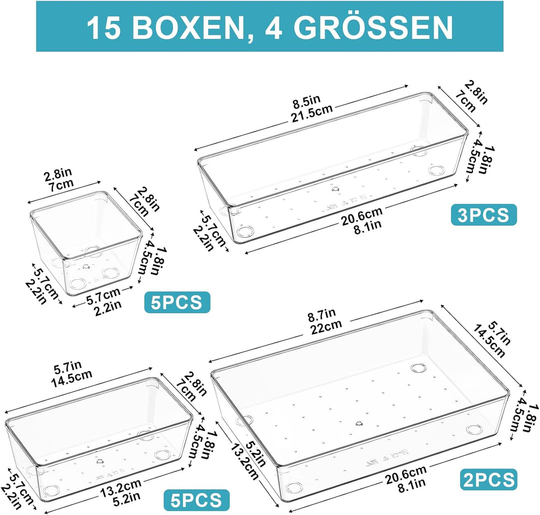 Radikor Schubladeneinsatz Schubladen Organizer -15 Stück Schminktisch Organizer in 4 Grössen, Drawer
