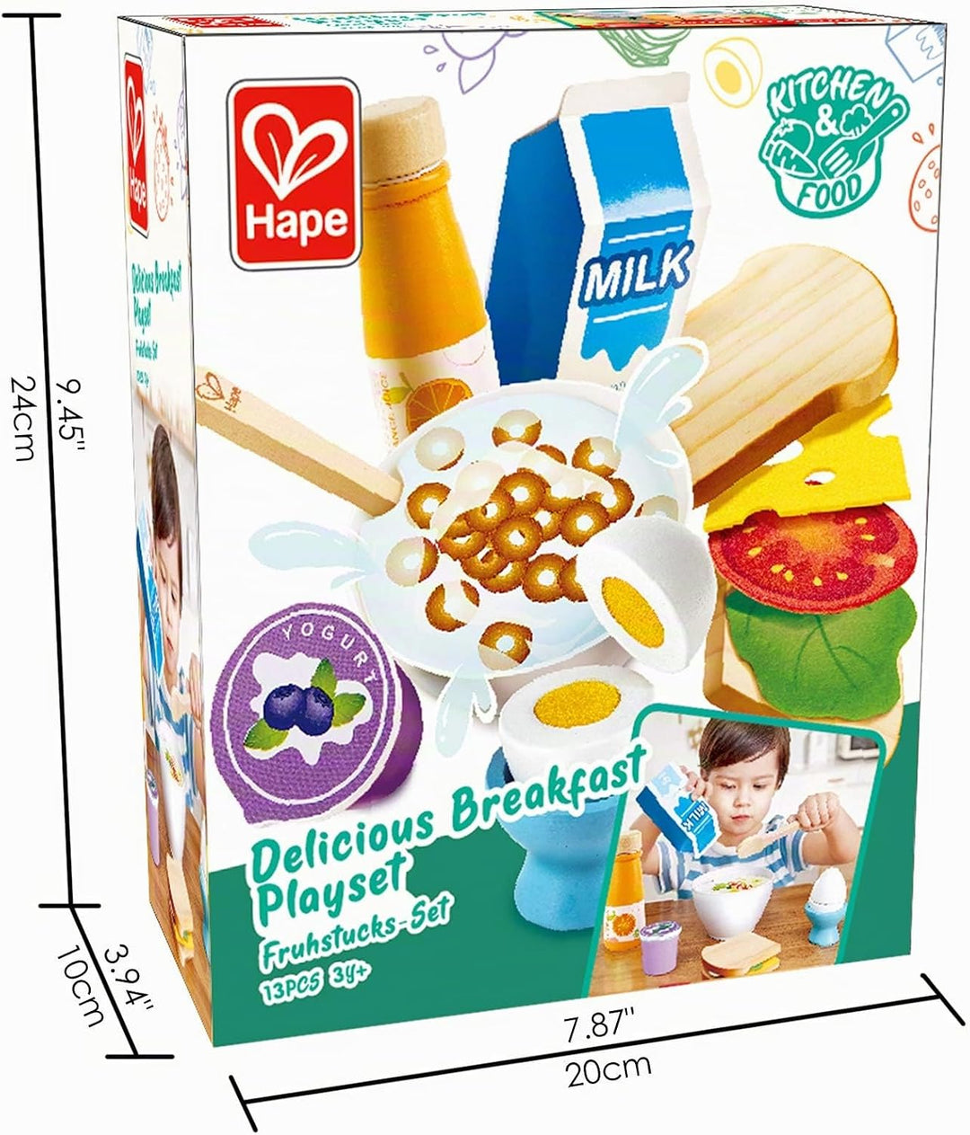 Hape Frühstücks-Set - Küchen-Fantasiespiel mit Frühstückszubehör, Holz Lebensmittel Spielzeug für Ki