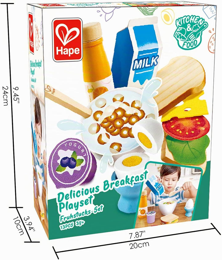 Hape Frühstücks-Set - Küchen-Fantasiespiel mit Frühstückszubehör, Holz Lebensmittel Spielzeug für Ki