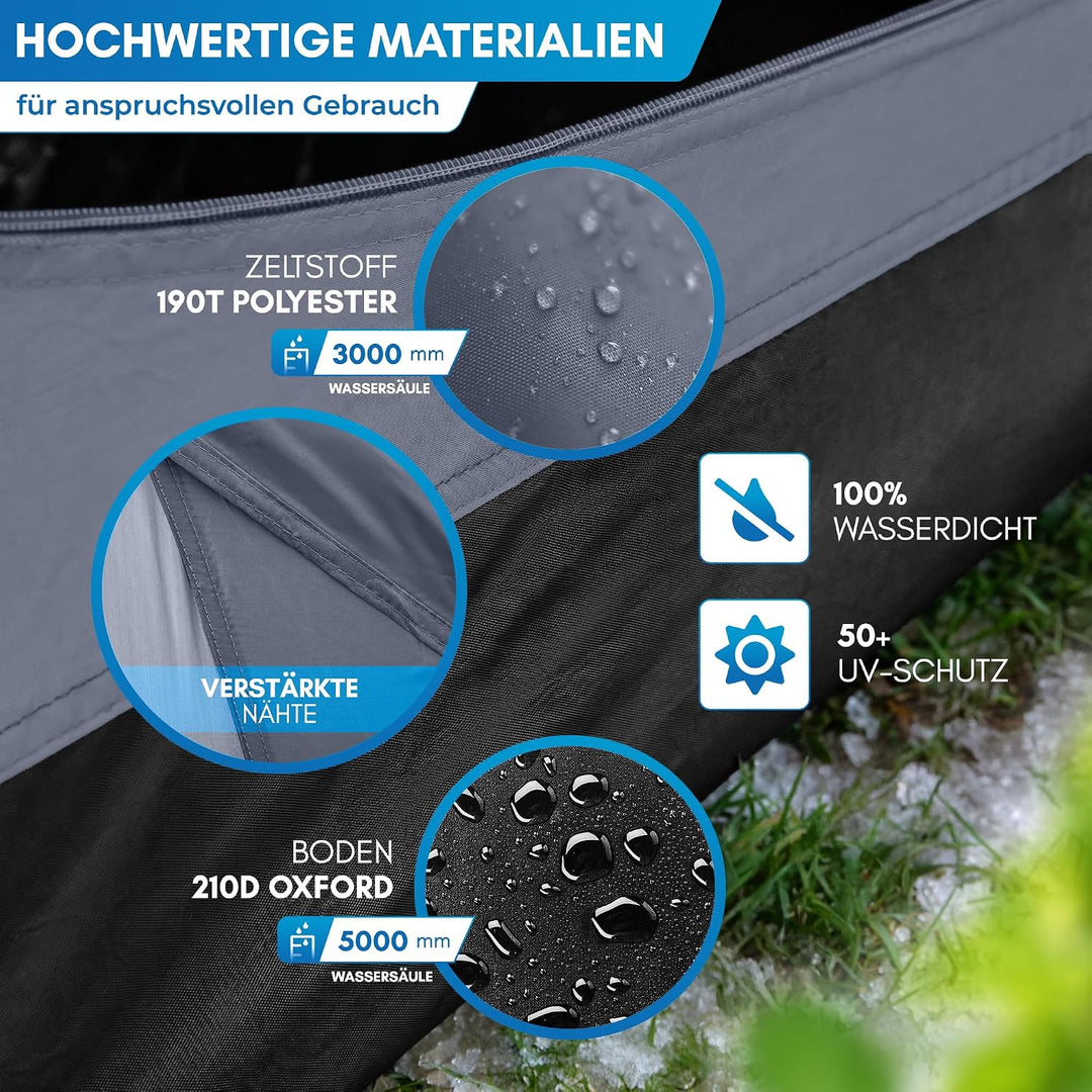 NORDMUT® Wurfzelt 2-4 Personen für blitzschnellen Aufbau – Pop Up Zelt 2-4 Personen wasserdicht &amp; UV