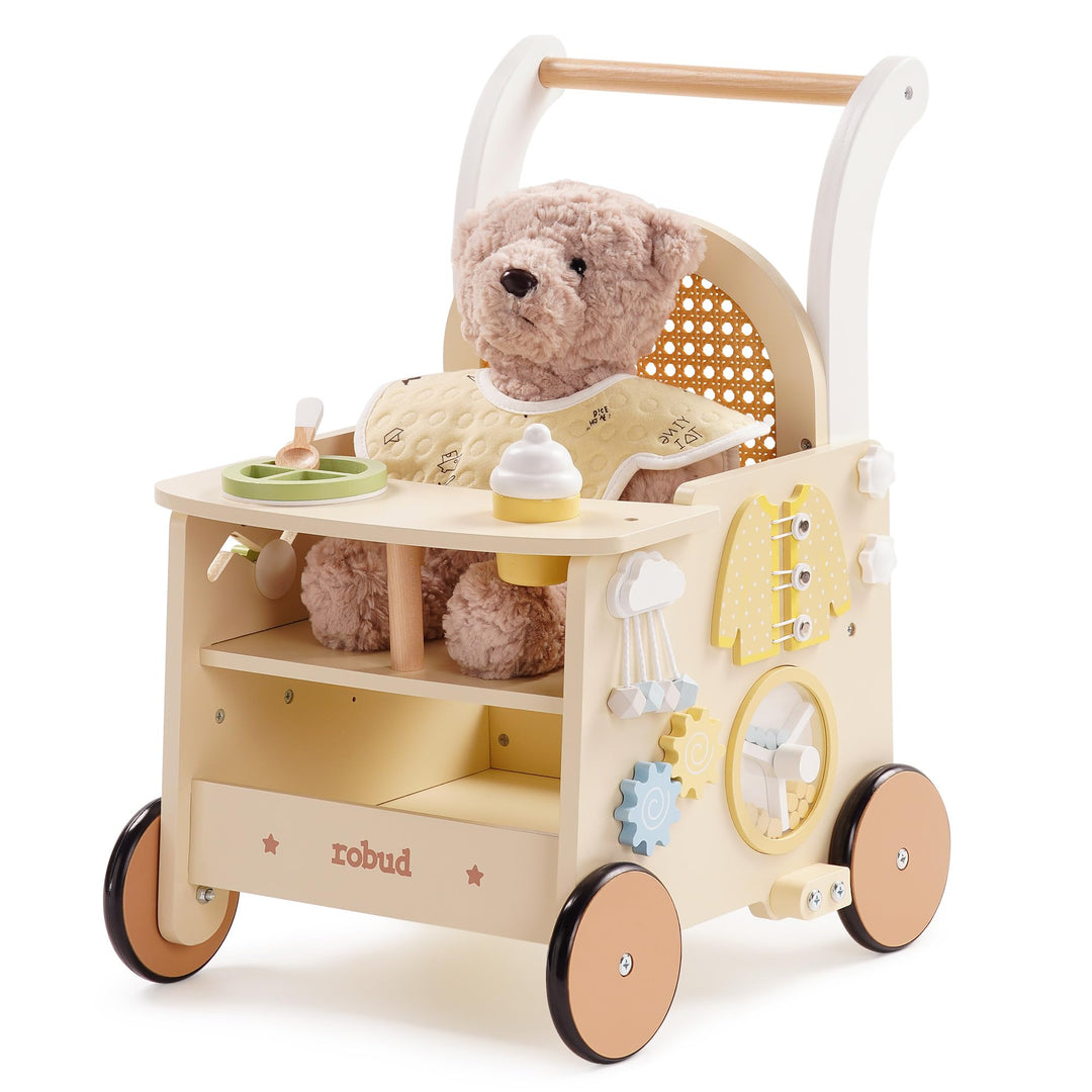 ROBUD Holz lauflernhilfe Baby Walker, 2-In-1 Puppe Lauflernwagen mit Montessori Busy Activity Board