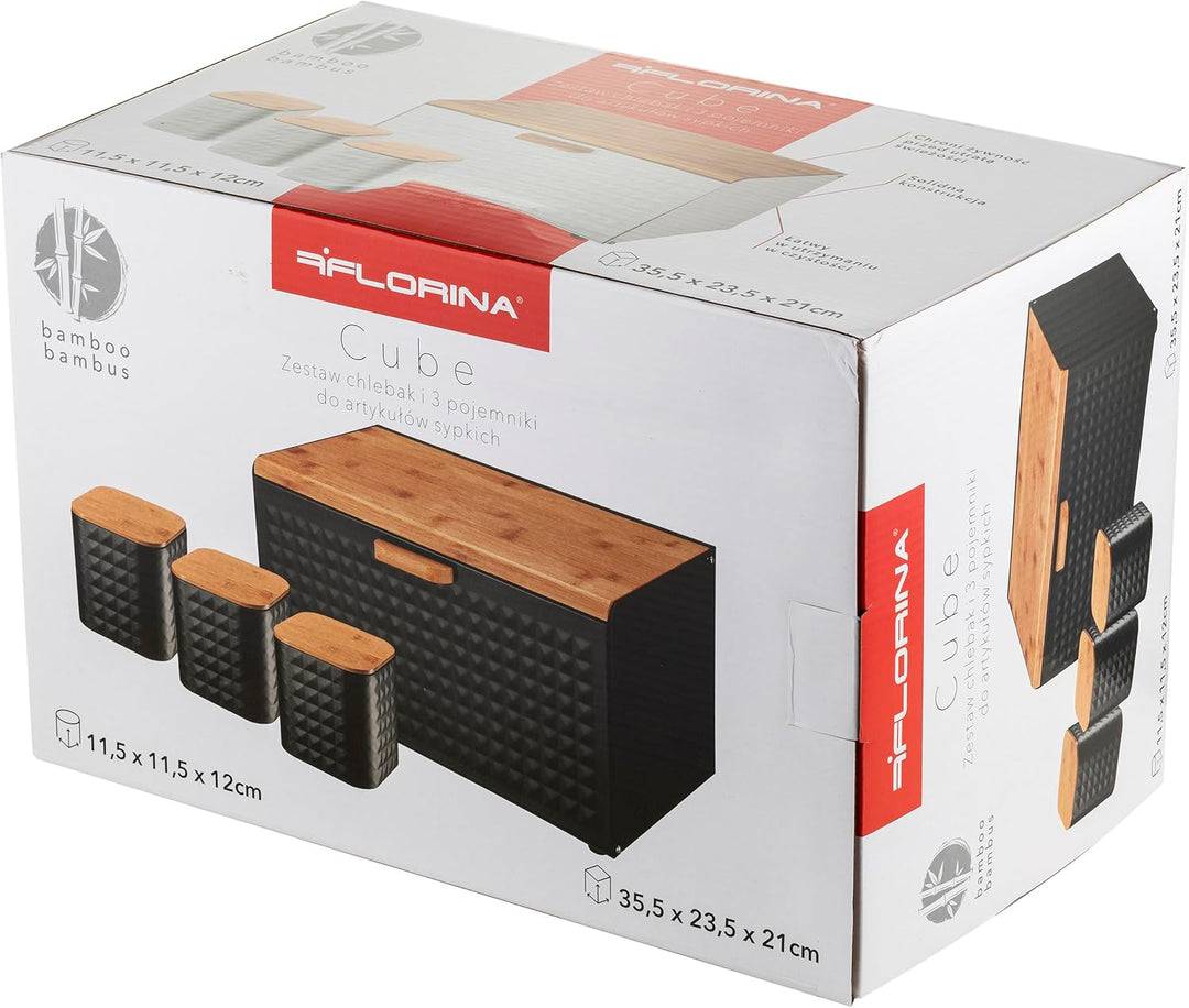FLORINA Brotkasten inkl. 3-er-Set Aufbewahrungsdosen CUBE I Brotbox aus Stahl und Bambus-Deckel I Ge