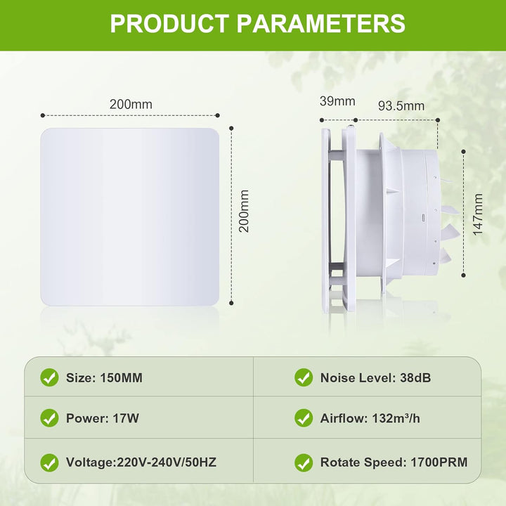 FanGoFast Badlüfter 150mm, Badezimmer Abluftventilator Leiser mit Rücklaufklappe, Weiss Wandventilat