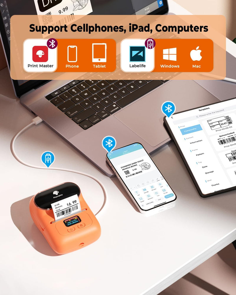 Phomemo M110 Etikettendrucker 3 EtikettenRollen, Beschriftungsgerät Selbstklebend für Telefon und PC