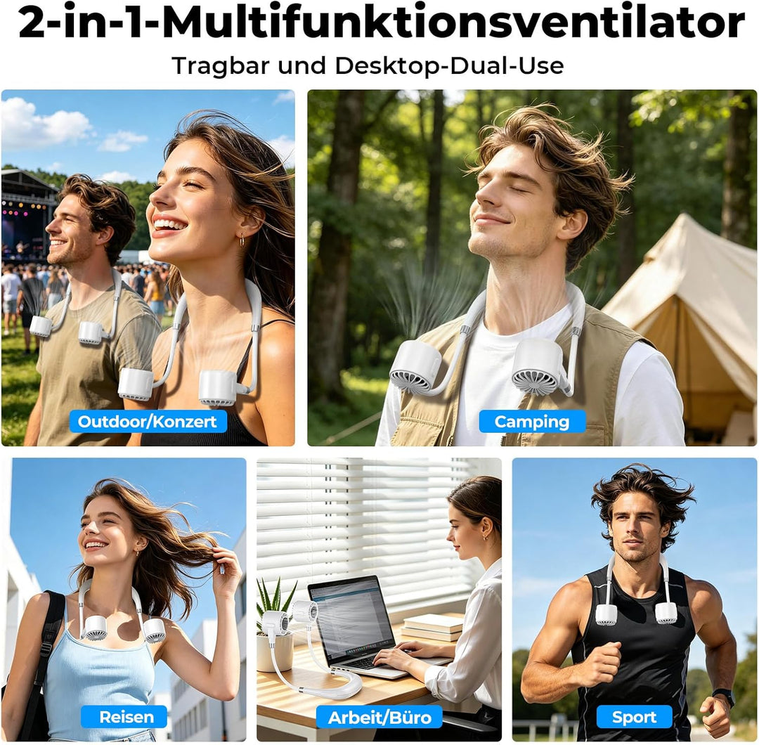 Nackenventilator, Tragbarer Halsventilator mit 4000 mAh Akku, 6 Stufen & 360° Luftstrom, Extrem Leis