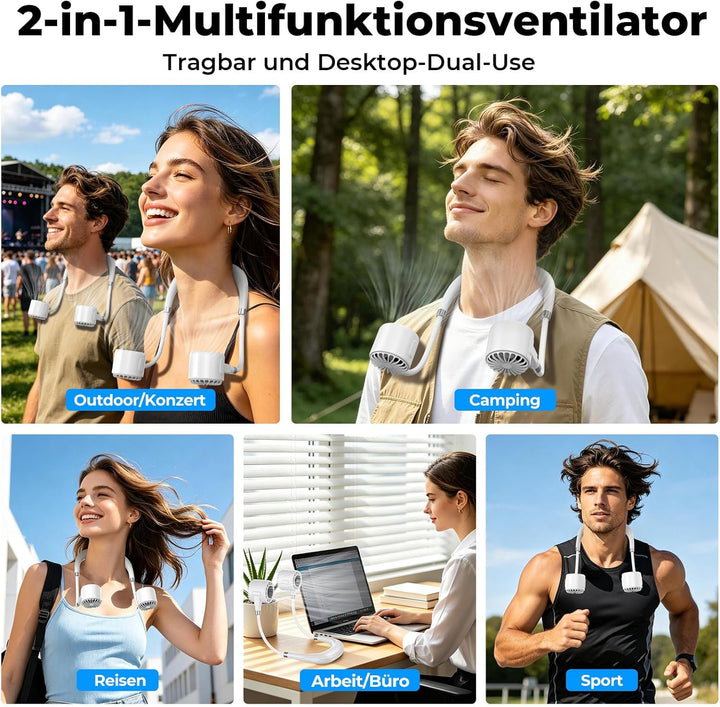 Nackenventilator, Tragbarer Halsventilator mit 4000 mAh Akku, 6 Stufen & 360° Luftstrom, Extrem Leis