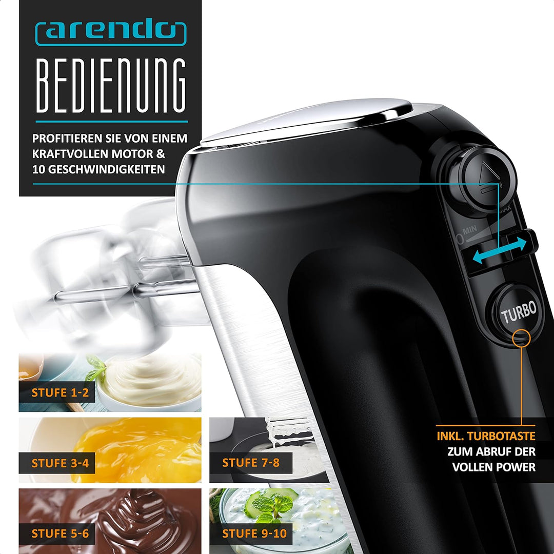 Arendo - Elektrischer Handmixer Handrührer 500 W - inkl. 2 Rührbesen und 2 Knethaken aus Edelstahl –