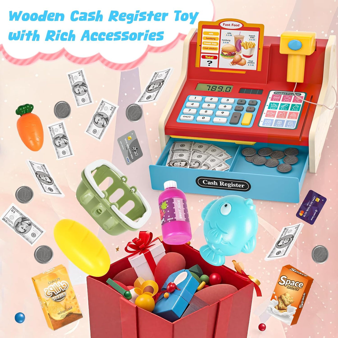 maysida Kinderkasse Holz-Registrierkasse mit Scanner & Sound für Kinder 3-5 Jahre, Spielzeug Kasse m