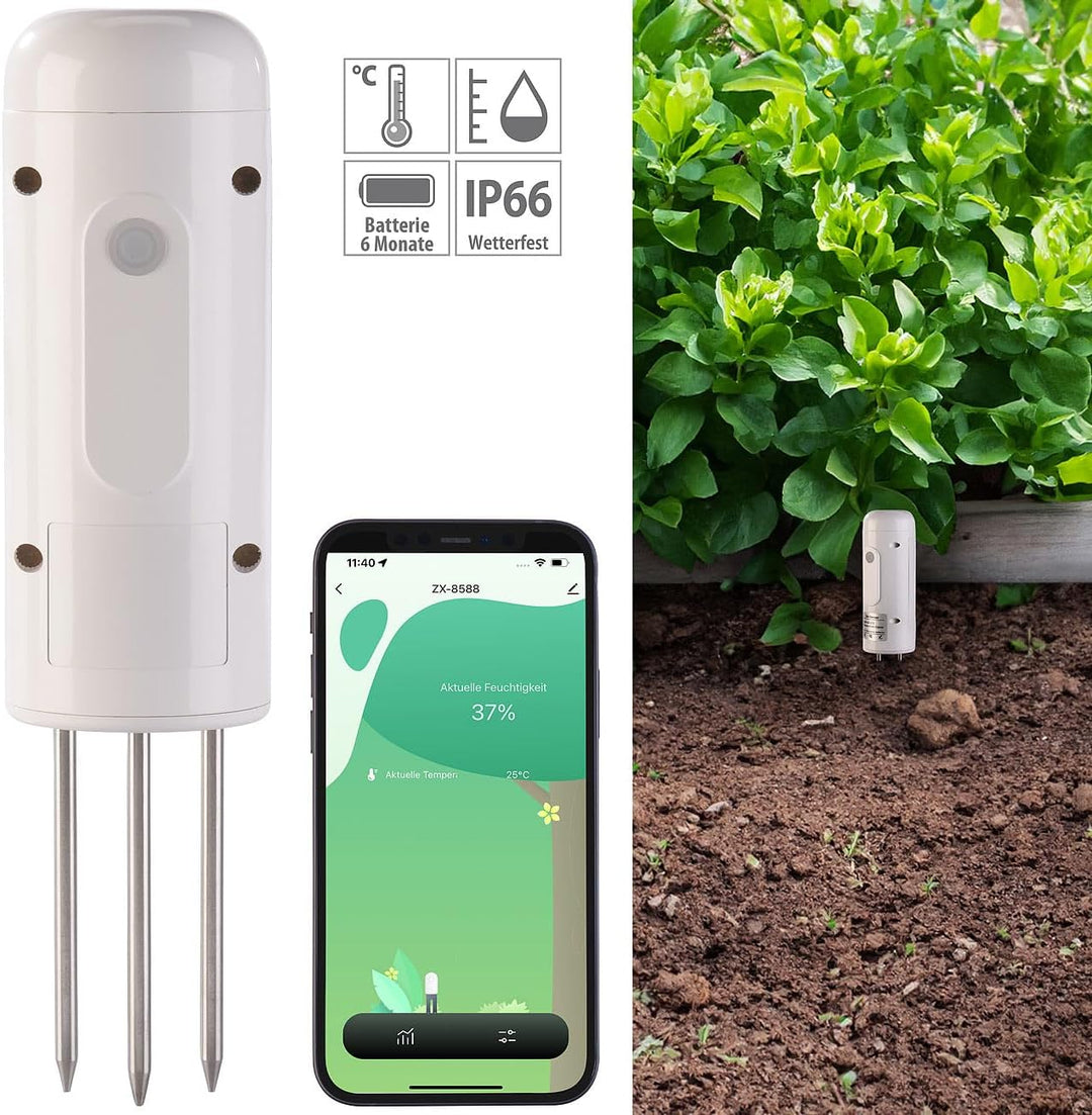 Luminea Home Control ZigBee-Bodentester: 4X ZigBee-Bewässerungscomputer + 1x Boden-Feuchte- & Temper
