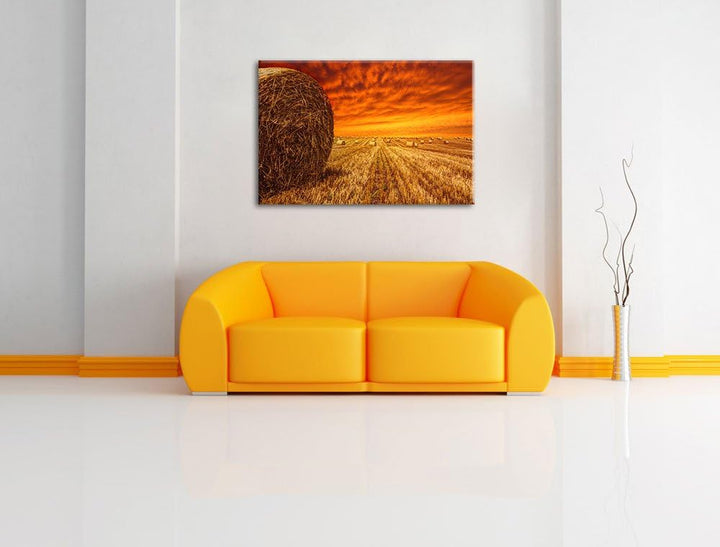 Feld im Sonnenuntergang Format: 100x70 auf Leinwand, XXL riesige Bilder fertig gerahmt mit Keilrahme
