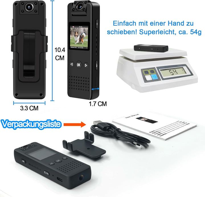 Mini Kamera, 1080P HD & 120° Weitwinkel Bodycam mit 180° Drehbarem Objektiv, Automatische Nachtsicht