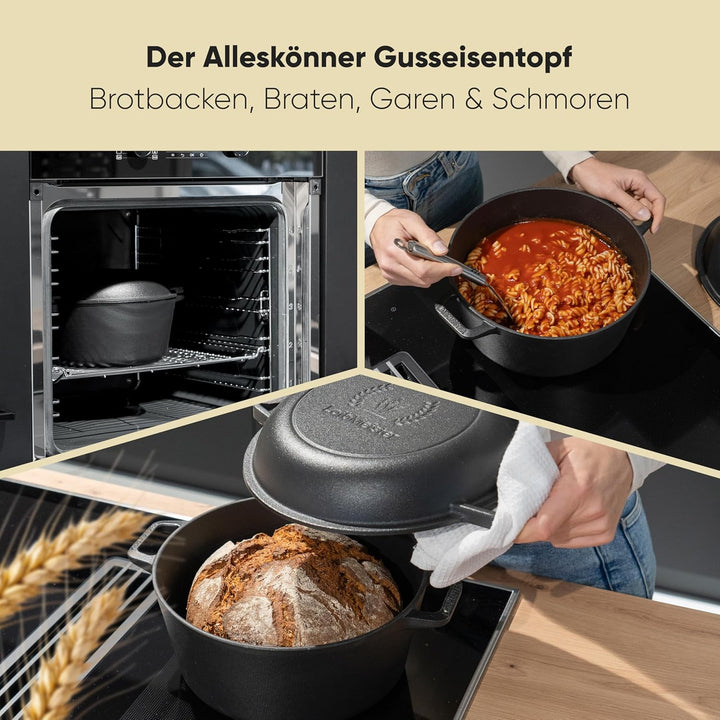 LaibMeister - Brotbacktopf aus Gusseisen mit Deckel. Einsetzbar als Bräter, Dutch Oven, Topf, Grillp