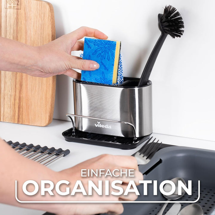 Vileda Spülbecken Organizer Edelstahl mit Schwammhalterung - Praktischer Halter für Schwämme, Bürste