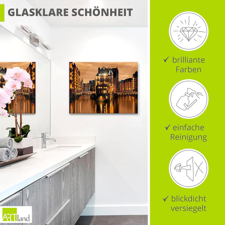 ARTland Glasbilder Wandbild Glas Bild einteilig 80x60 cm Querformat Städte Hamburg Speicherstadt Geb