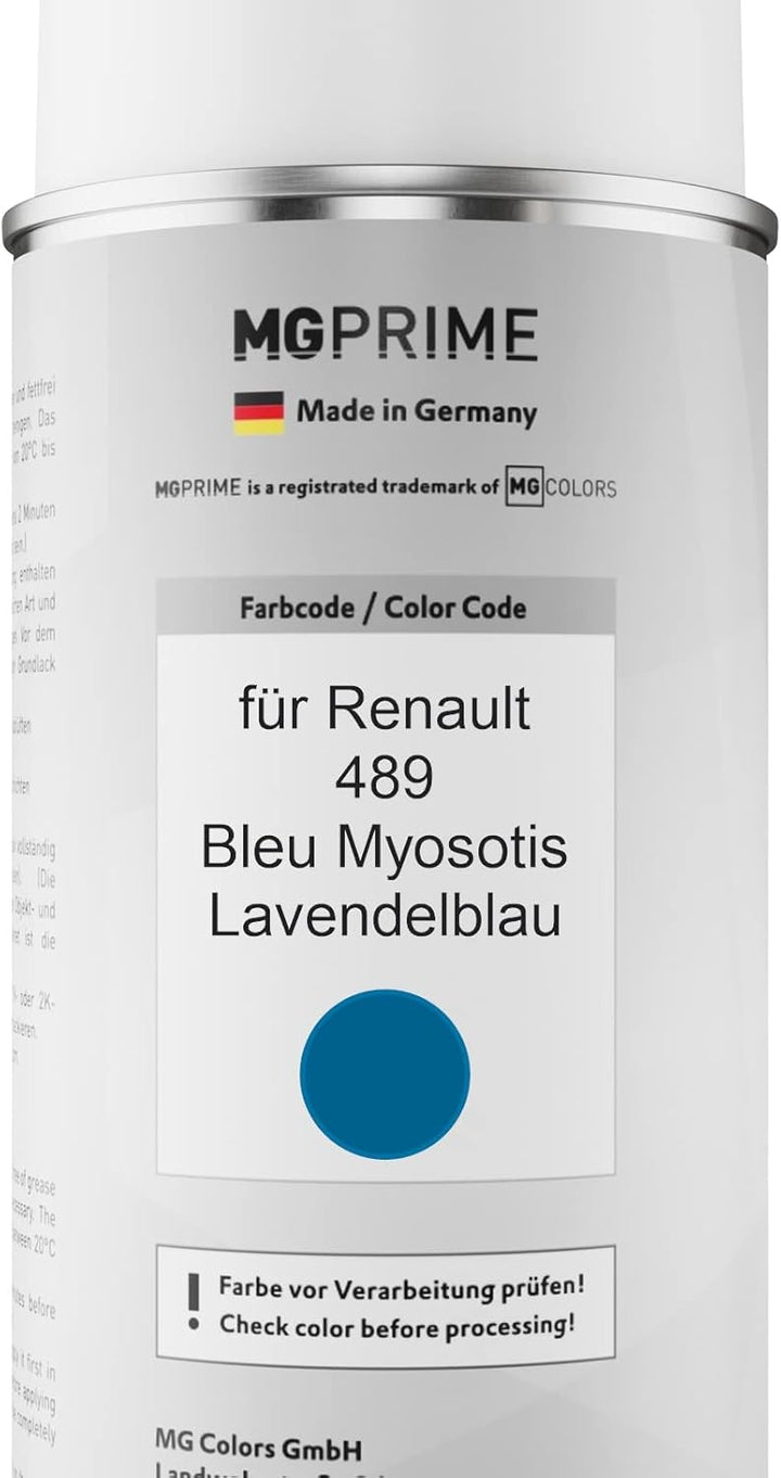MG PRIME Autolack Sprühdosen Set für Renault 489 Bleu Myosotis/Lavendelblau Basislack Klarlack Spray