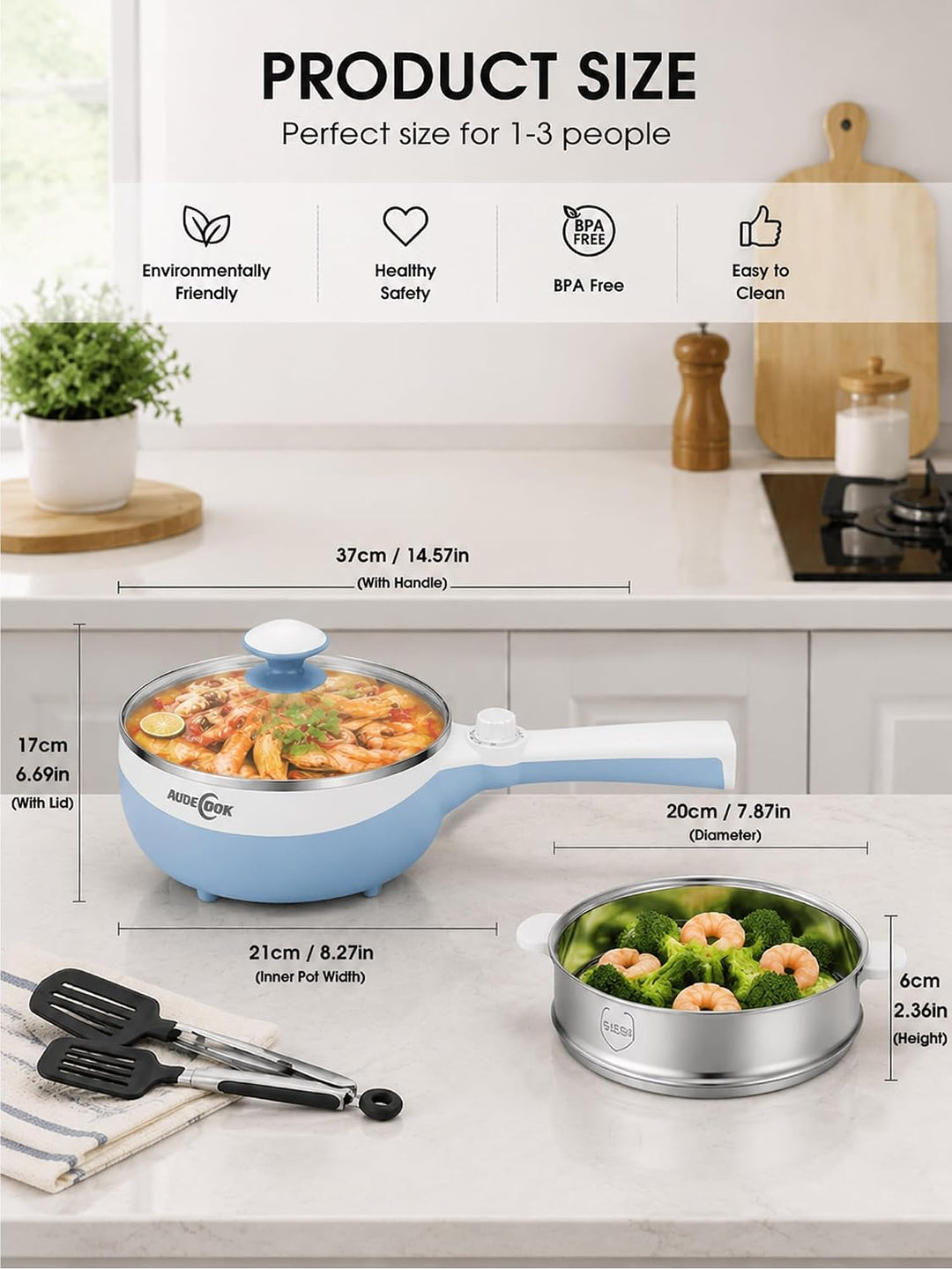 Audecook Elektrischer Topf mit Dampfgarer, 1.7L Mini Elektrische Bratpfanne für Wohnheim Antihaftbes