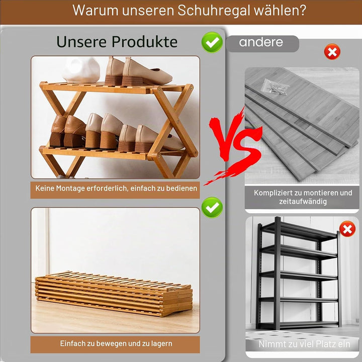Zusammenklappbares Schuhregal aus Bambus, tragbares Schuhregal aus Holz, ohne Installation, kleines