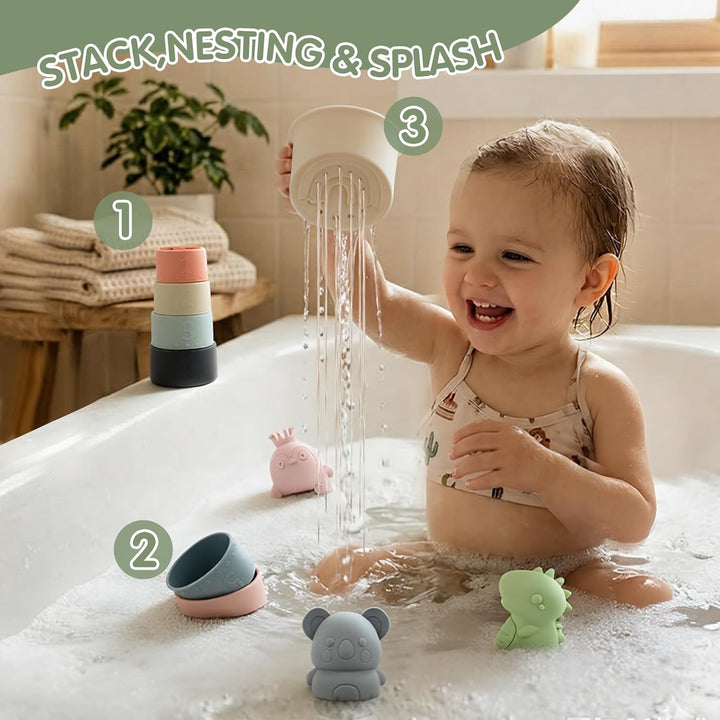 Badespielzeug Baby ab 1 2 3 4 Jahre, Badewannenspielzeug Silikon Wasserspielzeug mit Spritztiere Sta