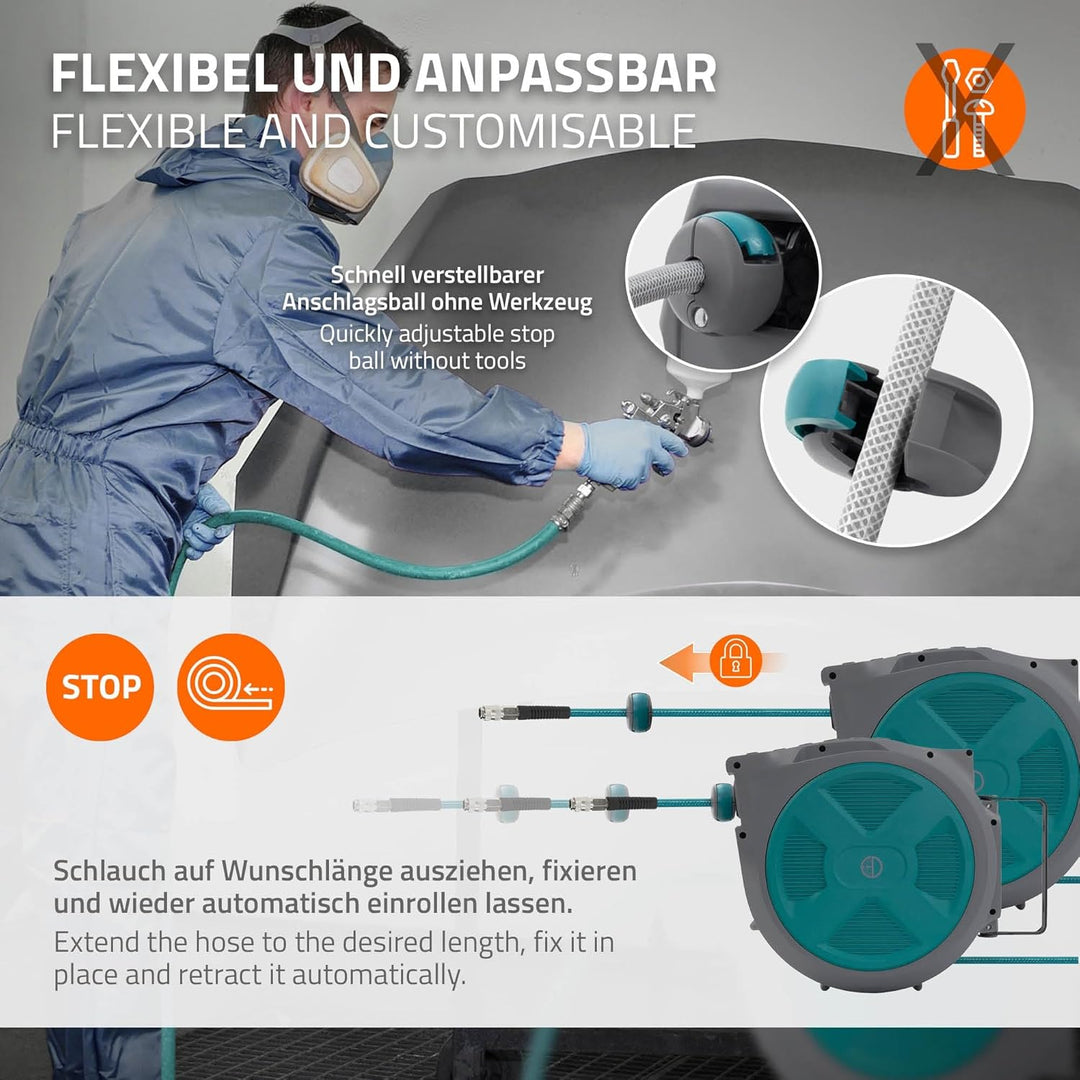 ECD Germany Druckluftschlauchtrommel 20m+2m, Automatischer Aufroller mit Arretierfunktion, 1/4" Ansc