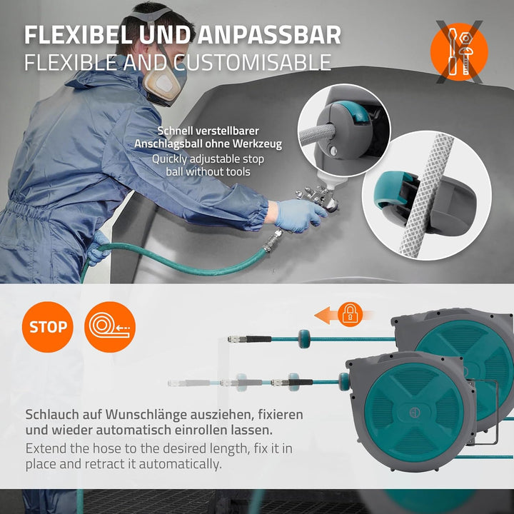 ECD Germany Druckluftschlauchtrommel 20m+2m, Automatischer Aufroller mit Arretierfunktion, 1/4" Ansc