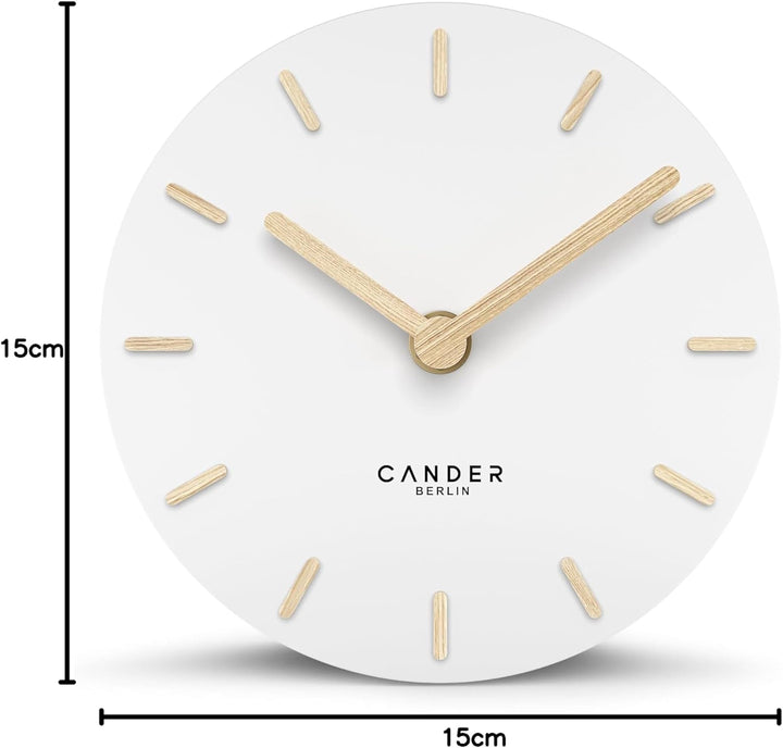 Cander Berlin MNU 2515 F Tischuhr lautlos ohne Ticken 15 cm analog batteriebetrieben weiss MDF Holz-