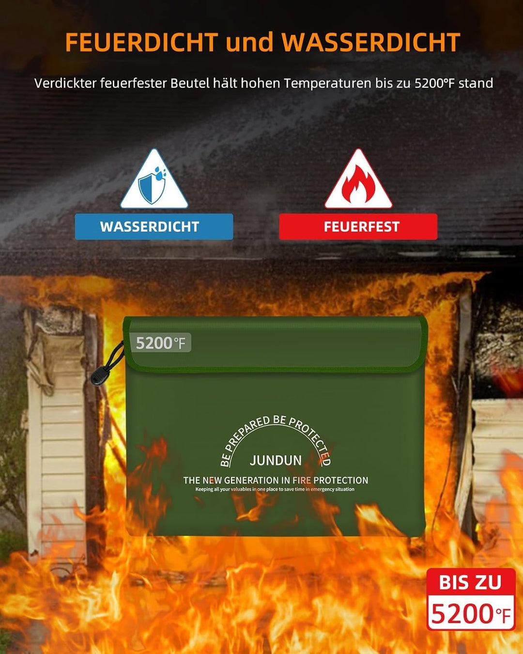 JUNDUN Feuerfeste Dokumententasche mit 5200℉ Wärmeisolierung, 36x26cm Wasserdichte und feuerfeste Ge