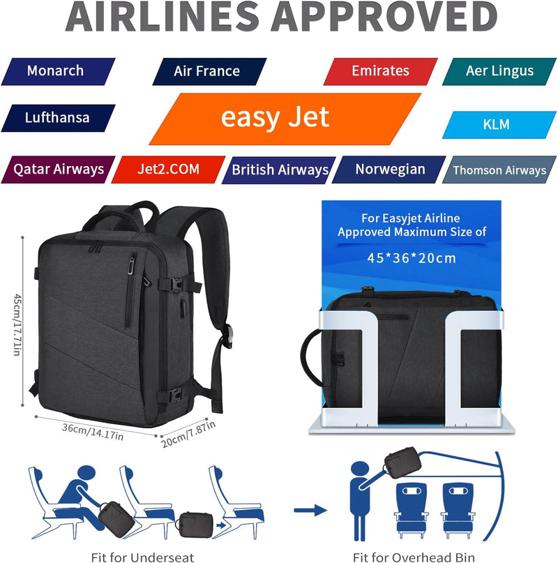 Leyrica Handgepäck Rucksack 45x36x20 für Easyjet, Reiserucksack Tasche Wasserdichter Flugzeug Reiset
