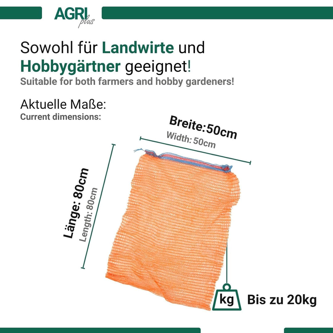 AGRI plus 100 Stück Gemüsesäcke orange mit Zugband I 50 x 80 cm I verschiedene Grössen I Grobmaschig