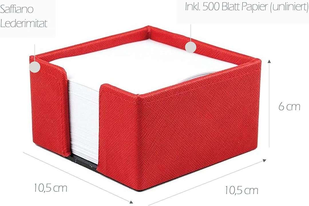 DELMON VARONE - Zettelkasten Saffiano Lederimitat rot, Zettelbox inkl. 500 Blatt Papier, Notizklotz