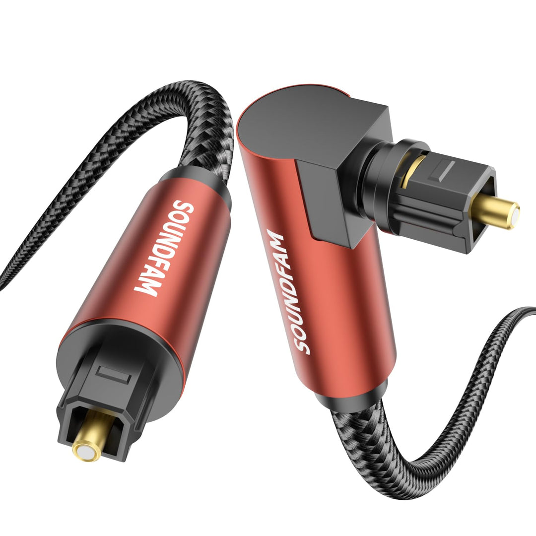 90° Optisches Audiokabel 2M Rot | 90 Grad Toslink Digital Kabel mit Winkelstecker für Soundbar, TV,