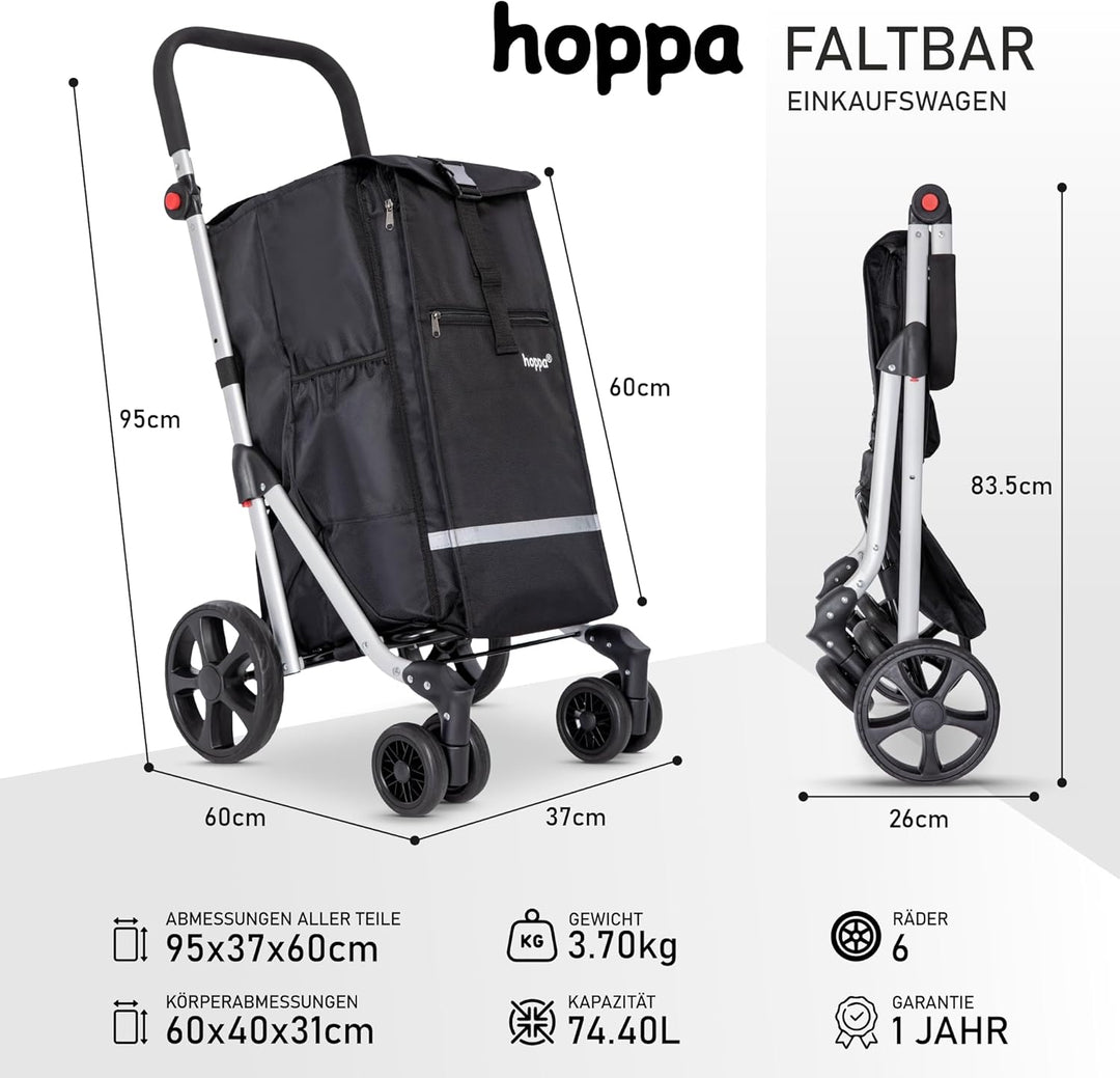 Hoppa – Einkaufstrolley | Grosser 74L klappbarer Einkaufswagen | Leichter 6-Räder-Trolley mit 5 Tasc