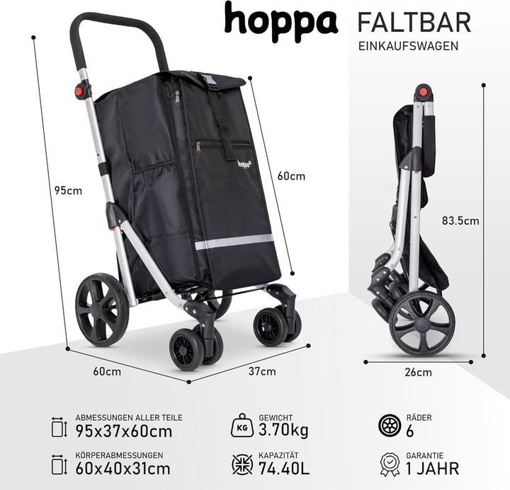 Hoppa – Einkaufstrolley | Grosser 74L klappbarer Einkaufswagen | Leichter 6-Räder-Trolley mit 5 Tasc