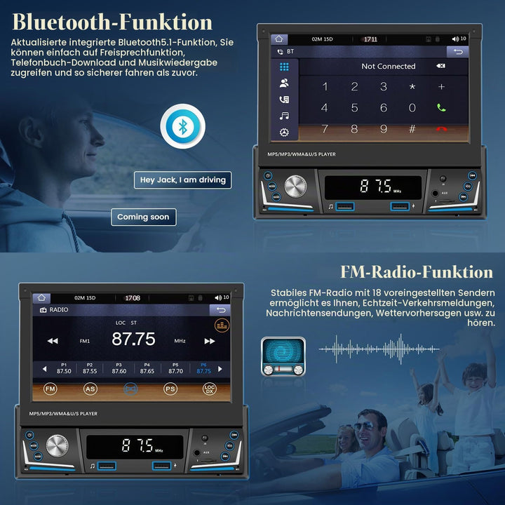 Hikity AM FM Autoradio 1 Din Wireless Carplay Android Auto, Touch Screen 7 Zoll Ausfahrbarem Display