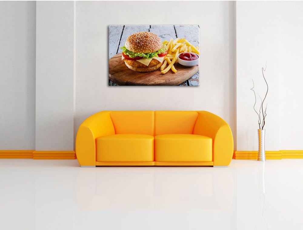 Chickenburger mit Pommes, Format: 100x70 auf Leinwand, XXL riesige Bilder fertig gerahmt mit Keilrah