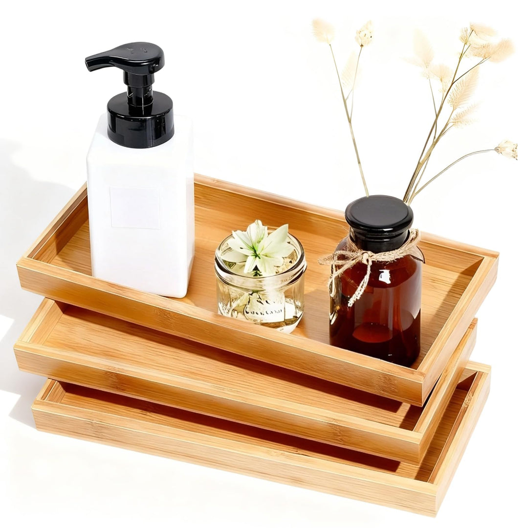 3 Stück Bambus Serviertablett, Rechteckig Holztablett 29×11×3cm Badezimmer Tablett Kosmetik Holz Tab