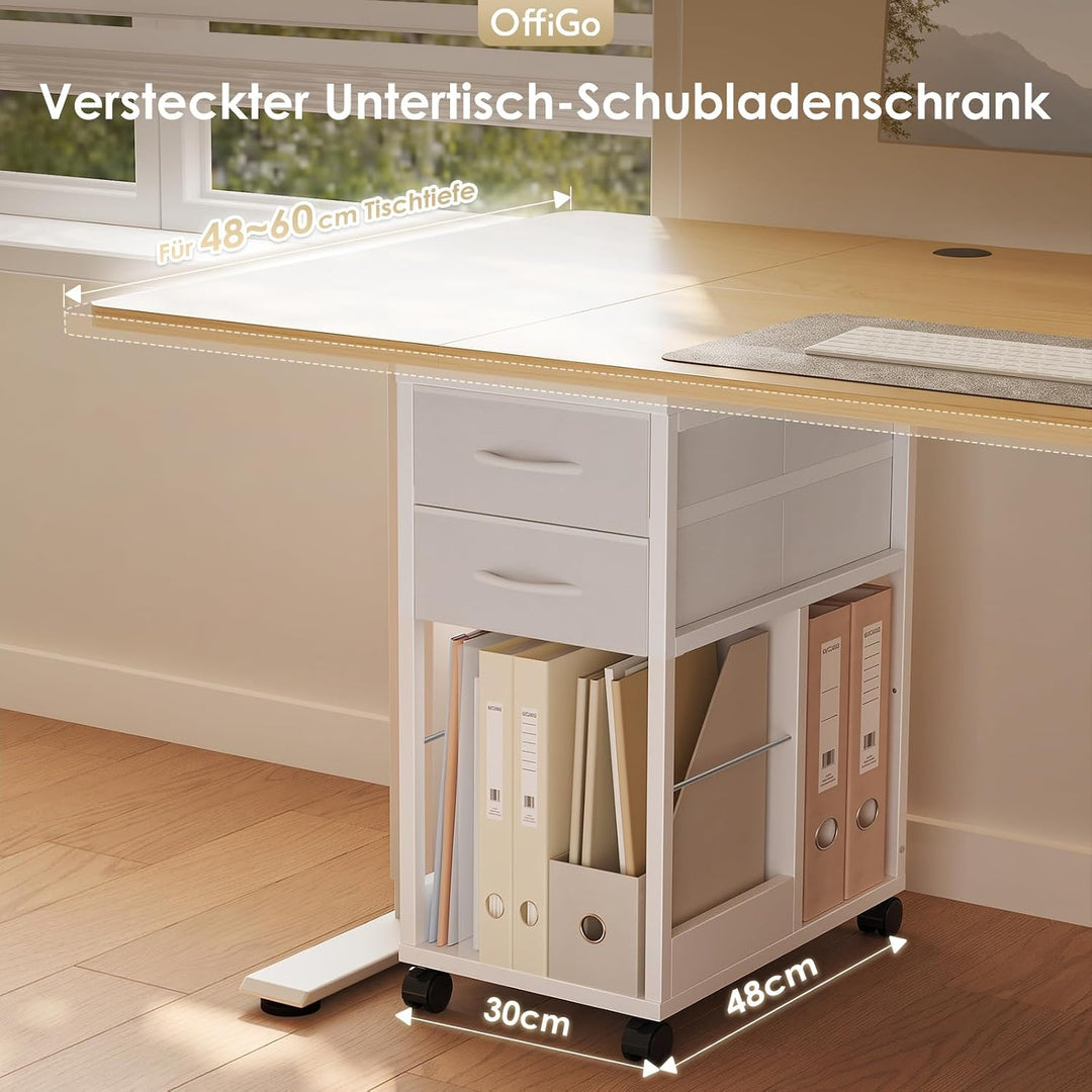 OffiGo Rollcontainer Schreibtisch mit Rollen und 2 Schubladen，Weiss | Rollcontainer mit Wechselbarem