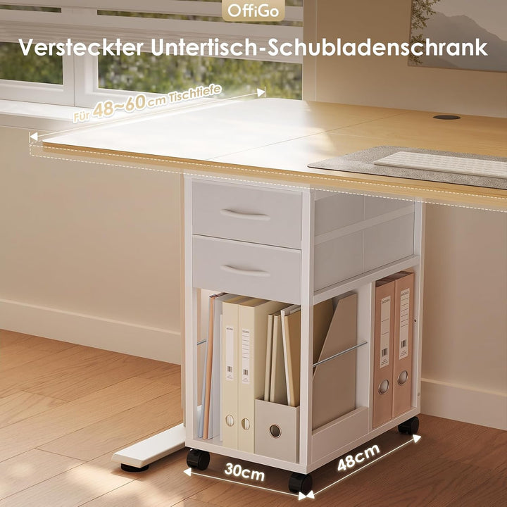 OffiGo Rollcontainer Schreibtisch mit Rollen und 2 Schubladen，Weiss | Rollcontainer mit Wechselbarem