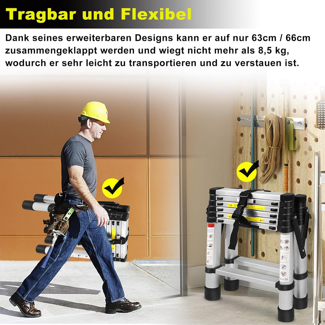 XMTECH 1.7m+1.2m Aluminium Teleskopleiter Klappleiter A-Rahmen 6 + 7 Stufen, Rutschfester Aluleiter